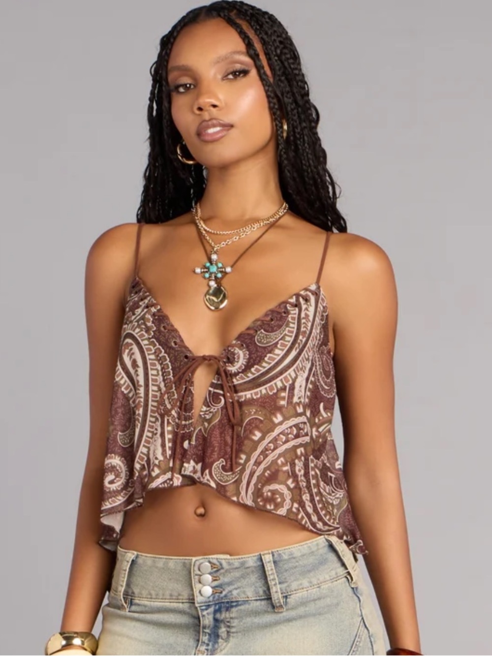 Windsor Women's Catch A Vibe Paisley Boho Tie Front Top NWT Size XS